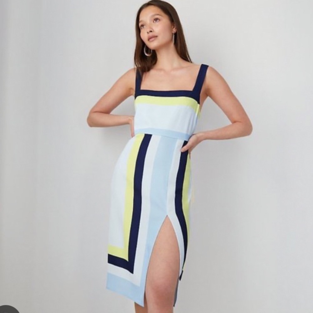 Babaton Aritzia Colorblock Stripe Midi Dress Blue Yellow Size 6 Square Neck Slit